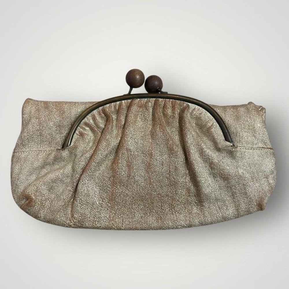 Erva Vintage Clutch Bag Gold Metallic Wooden Kiss Lock Retro Glam MCM Retro Chic